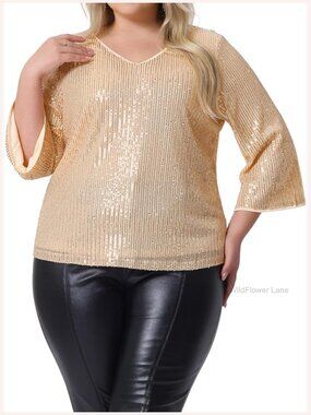 Plus Size Sequin Top 3/4 Sleeve V Neck Glitter Sparkle Party Blouse